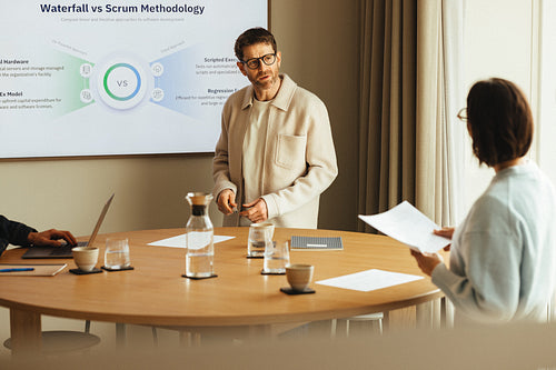 Reviewing business scrum methods during a meeting in the office