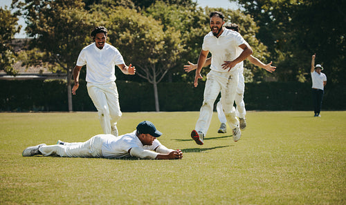 Young male cricket players celebrating a successful fielding effort on the field