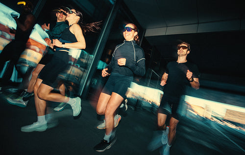 The athlete in each runner shows as running training fills the urban street