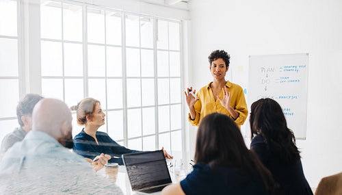 Female project manager having a meeting with her team in an office