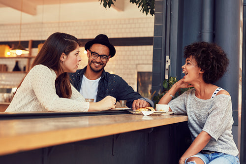 Group of friends talking in a cafe