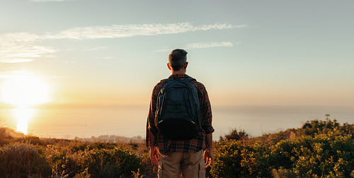 Rearview of a backpacker looking at the panoramic view on a hill