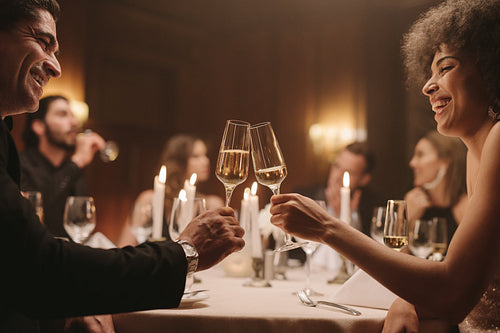 Cheerful friends having drinks at dinner party