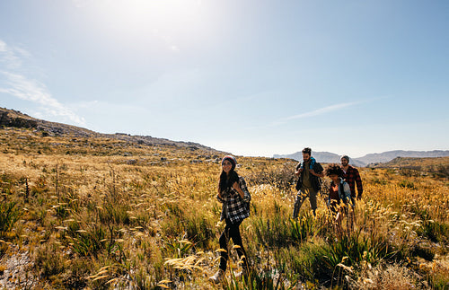 Group of friends are hiking in mountain