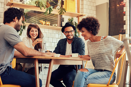 Cheerful young friends having fun in a cafe