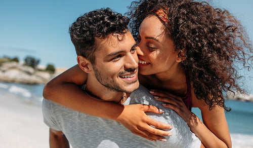 Close up of a romantic couple outdoors on a sunny day