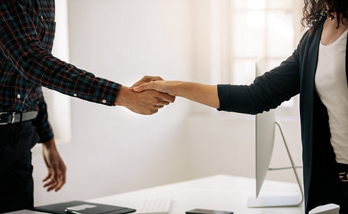 Business partners shaking hands at a meeting