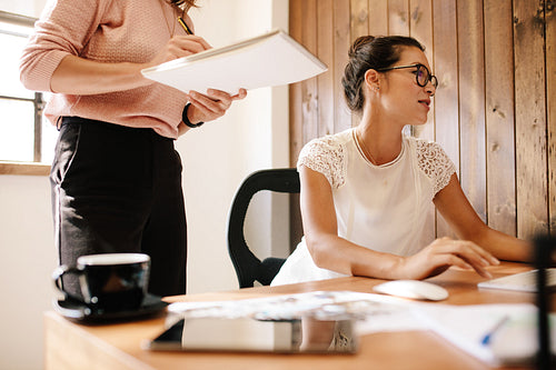 Business woman working at her desk with female colleague