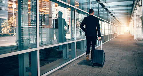 Businessman walking outside public transport building with luggage