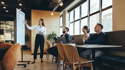 Female manager giving a presentation to her team