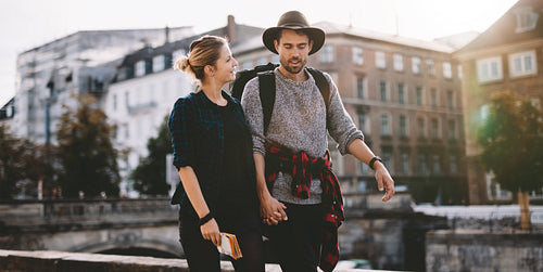 Happy young tourist couple on vacation.