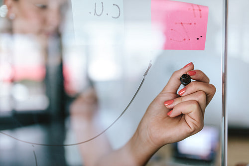 Hand with marker pen writing in glass wall
