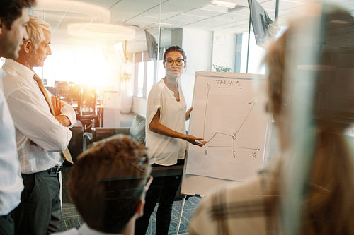 Businesswoman giving presentation to coworker over flip board
