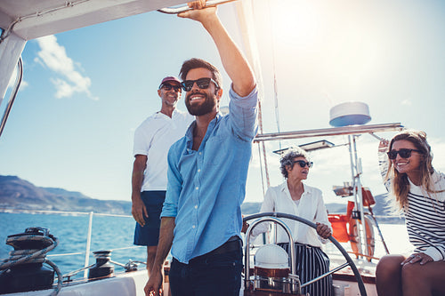 Group of people traveling by a boat in the ocean