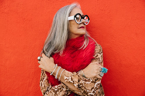 Stylish elderly woman looking away thoughtfully