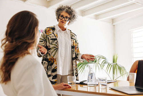 Mature team leader having a meeting with her colleagues