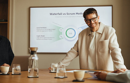 Waterfall vs Scrum: man comparing project methods for his team