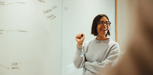 Woman guides colleagues through strategy at a whiteboard