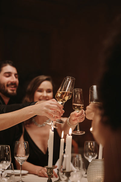 High society people toasting drinks at a dinner party