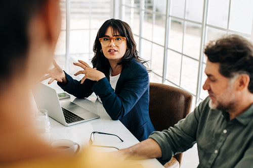Business woman having a discussion with her team in a meeting