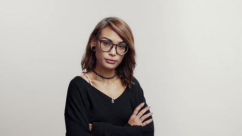  Confident woman smiling in eyeglasses