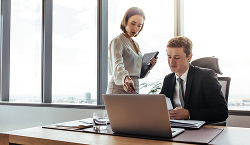 Business people discussing and analyzing documents