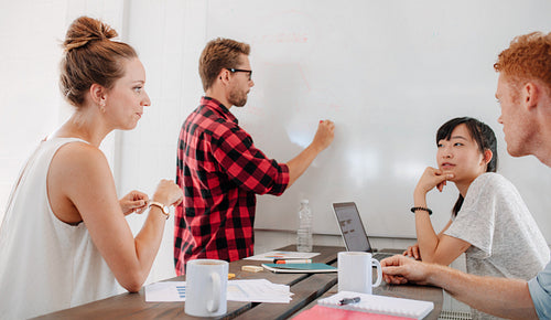 Casual young business man making presentation at startup