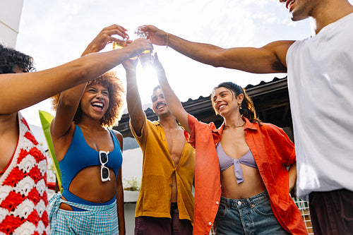 Group of friends raising glasses on a sunny day