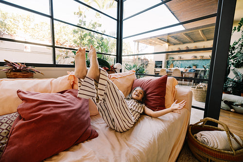 Relaxing moments at home with a playful child