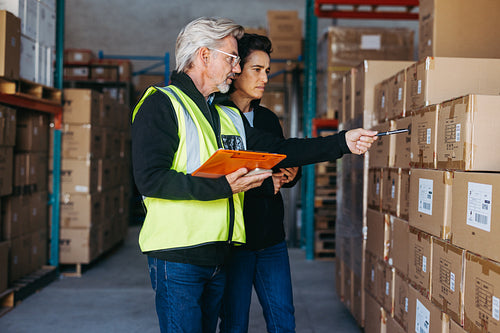 Mature warehouse managers doing stock control