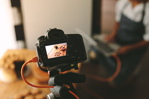 Recording content for videoblog in kitchen