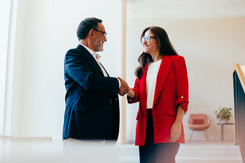 Business professionals in a handshake agreement during a meeting