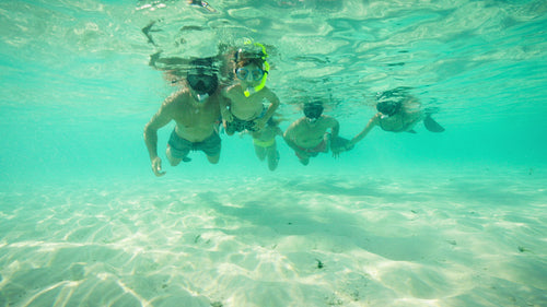 Family and friends snorkeling in crystal clear blue ocean water during a tropical vacation