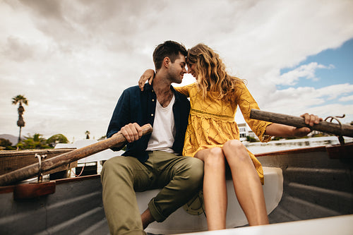 Romantic couple in love on a boat date