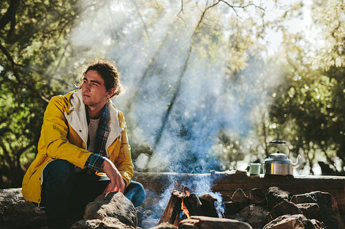 Man on vacation camping in the countryside
