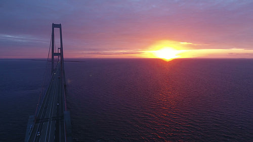Flying over Storebaelt bridge on sea