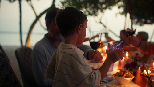 Family and friends enjoying a beautiful toast during dinner on a tropical island