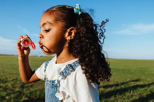 Girl blows bubble in sunny open field.