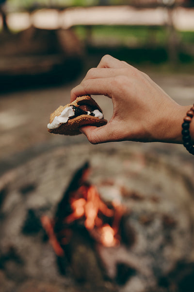 Close up of a toasted marshmallow sandwiched in biscuits