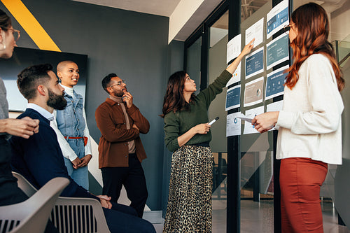 Manager analyzing some business reports with her team