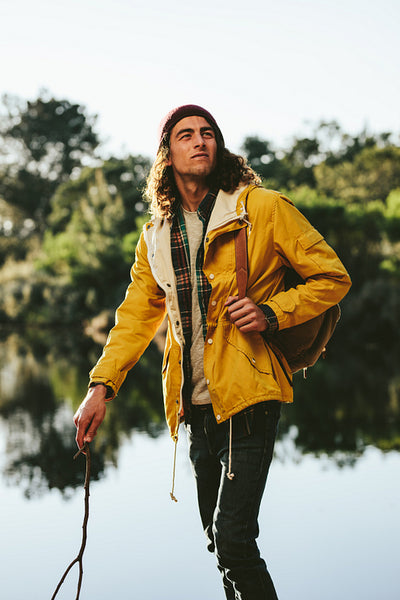 Traveler walking in a countryside location