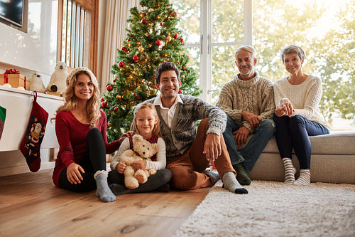 Multi generation family in front of christmas tree