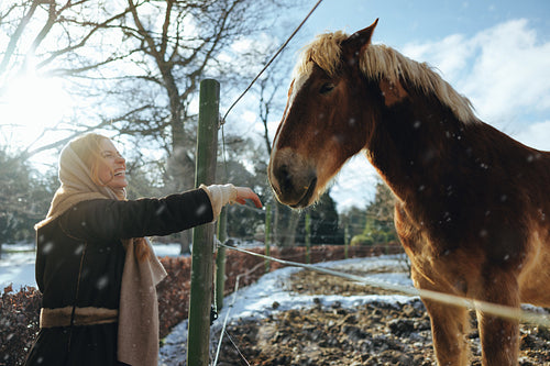 Woman laughs while greeting a horse by a snowy fence