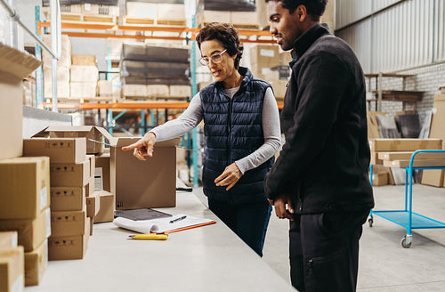 Mature warehouse manager training an employee in order fulfilment