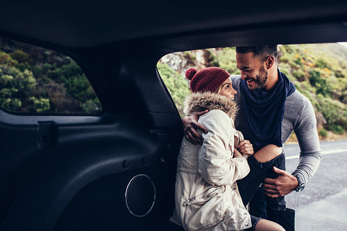 Romantic man and woman on a road trip