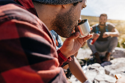 People on relaxing during countryside hiking