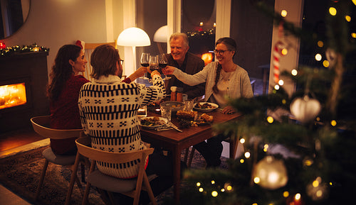 European family toasting wine at Christmas dinner