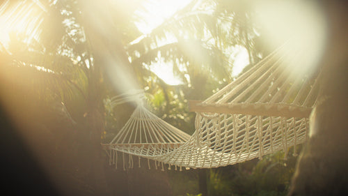 Empty hammock in a tropical resort with golden morning sun and beautiful lens flares