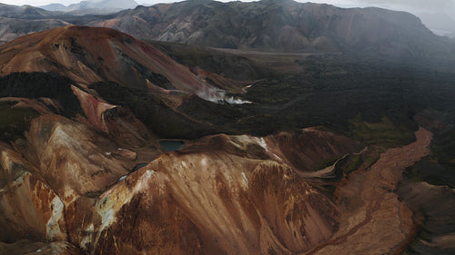 Landmannalaugar mountains and black lava field in Iceland
