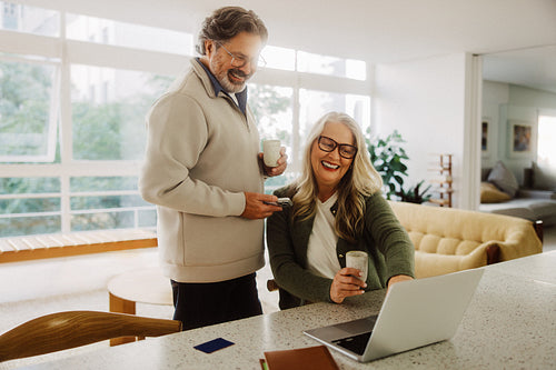 Senior couple uses laptop for online shopping at home